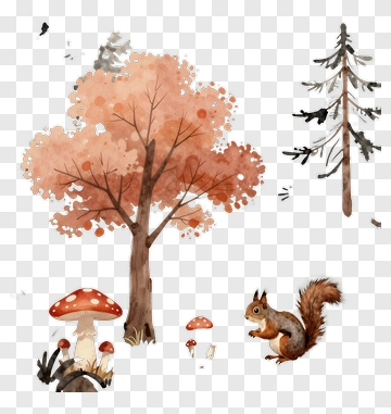 Autumn Forest Scene With Squirrel And Mushrooms PNG
