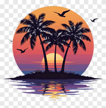 Tropical Island At Sunset With Palm Trees PNG