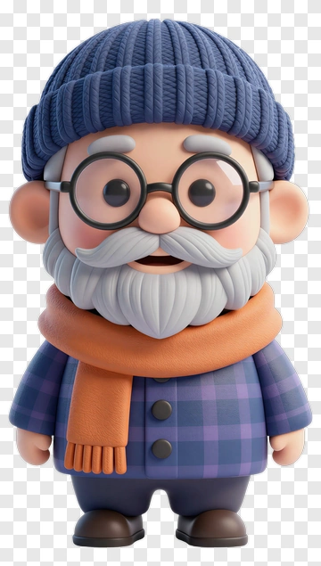 3D Cartoon Grandfather With Glasses And Scarf PNG