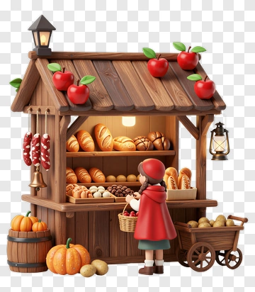 Girl At A Bakery Stand With Fresh Bread And Apples PNG