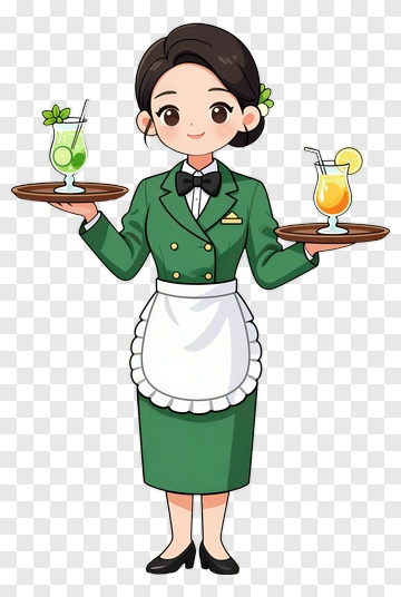 Cartoon Waitress Holding Drinks PNG