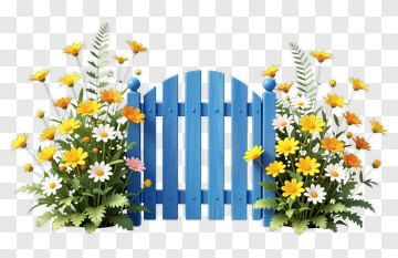 Colorful Flower Garden With Blue Gate PNG