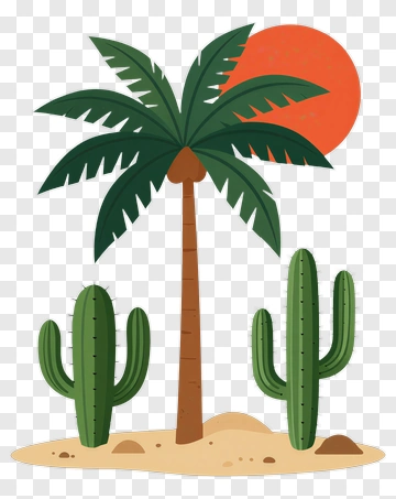 Palm Tree And Cacti In A Desert Landscape PNG