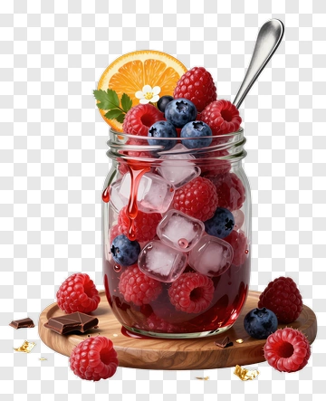 Jar Of Fresh Berries With Ice And Orange Slice PNG