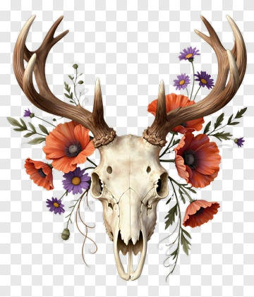 Deer Skull Surrounded By Colorful Flowers PNG