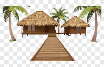 Tropical Wooden Houses With Palm Trees PNG