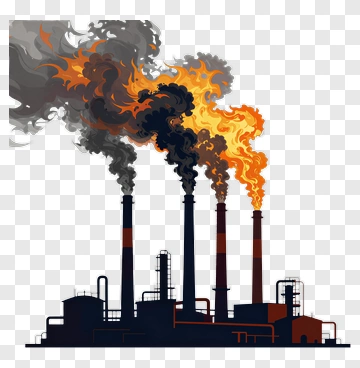 Industrial Smoke Stacks Emitting Black And Orange Smoke PNG