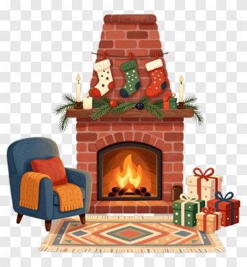 Cozy Fireplace With Christmas Stockings And Presents PNG