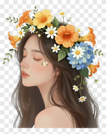 Woman With Floral Crown PNG