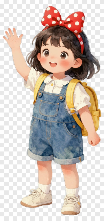 Cartoon Girl Waving With A Backpack PNG