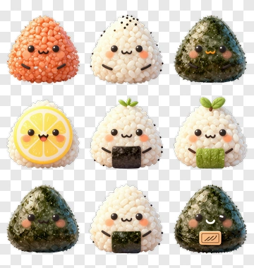 Cute Onigiri Rice Balls With Various Faces And Toppings PNG