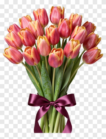 Bouquet Of Pink And Orange Tulips With Ribbon PNG