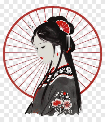 Traditional Japanese Woman With Red Fan PNG