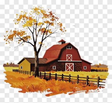 Autumn Farm Scene With Red Barn And Tree PNG