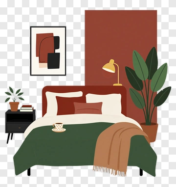 Cozy Bedroom With Green Bedspread And Plants PNG