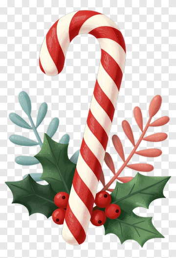 Candy Cane With Holly And Leaves PNG