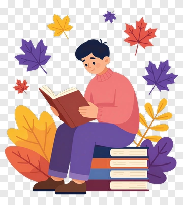 Cartoon Boy Reading A Book Sitting On A Book Stack PNG