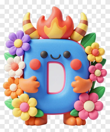 Colorful Letter D Character Surrounded By Flowers PNG