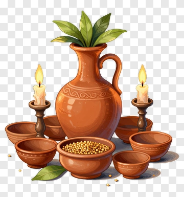 Clay Pot With Leaves And Candles PNG