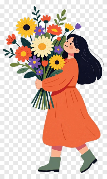 Woman Holding A Bouquet Of Flowers PNG