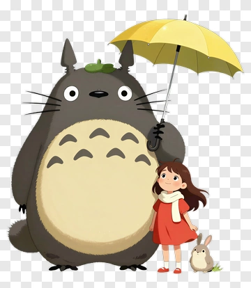 Cartoon Totoro Holding An Umbrella With A Girl And Rabbit PNG