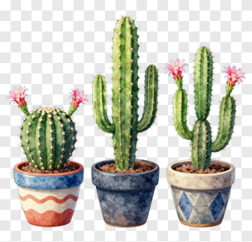 Colorful Cacti In Decorative Pots PNG