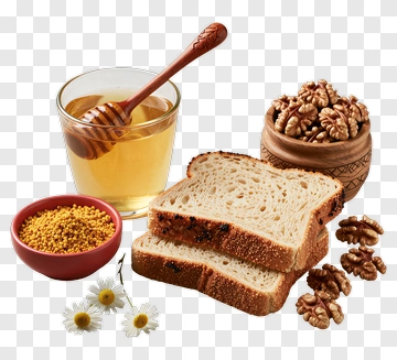 Honey, Bread, And Walnuts Composition PNG