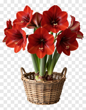 Red Amaryllis Flower Bouquet In A Wicker Basket PNG