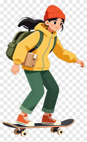 Cartoon Girl Skateboarding With A Backpack PNG