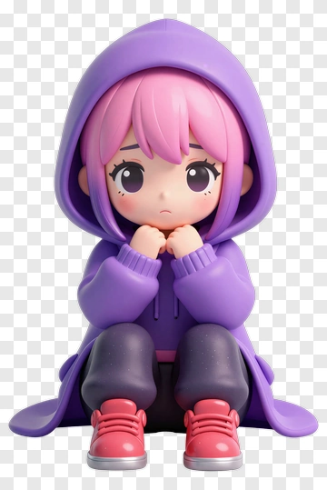 Kawaii Girl Sitting In Purple Hoodie PNG