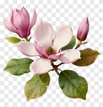 Magnolia Flower With Pink Petals And Green Leaves PNG