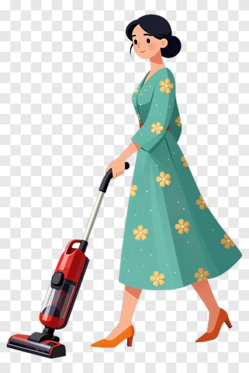 Woman Vacuuming In A Floral Dress PNG