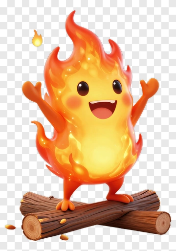 Cartoon Flame Character Standing On Logs PNG