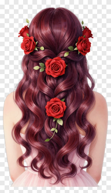 Long Wavy Hair With Red Roses PNG