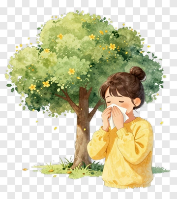 Girl Sneezing Near A Tree With Flowers PNG