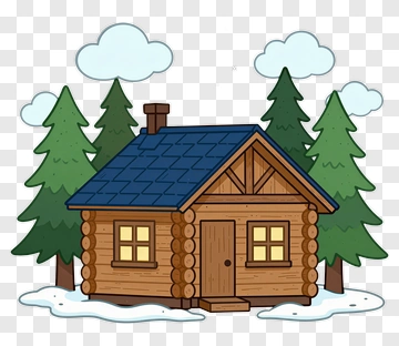 Cartoon Wooden Cabin Surrounded By Pine Trees PNG