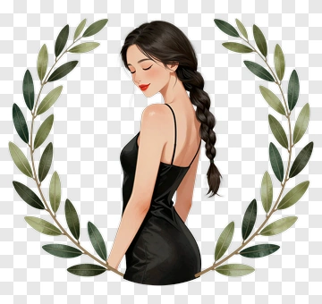 Woman In Black Dress Surrounded By Olive Leaves PNG