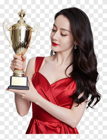 Woman Holding A Trophy In A Red Dress PNG