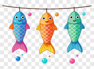 Colorful Cartoon Fish Hanging On A Line PNG