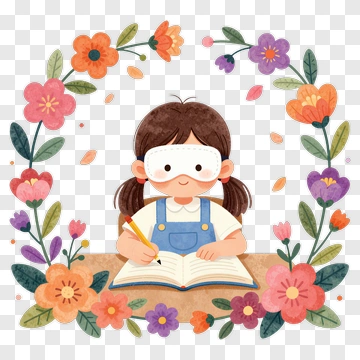 Girl Writing In A Notebook Surrounded By Flowers PNG