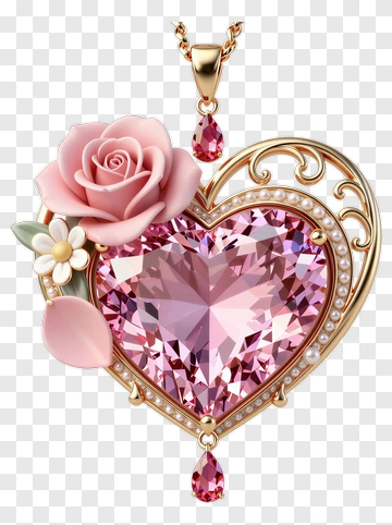 Heart-Shaped Pendant With Rose And Gemstone PNG