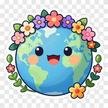 Cartoon Earth With Flower Crown PNG