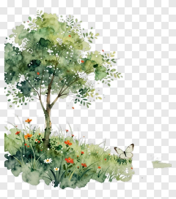 Watercolor Tree In A Flowering Meadow PNG