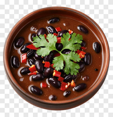 Bowl Of Black Bean Soup With Cilantro And Peppers PNG
