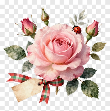 Beautiful Pink Rose With Buds And Ladybug PNG