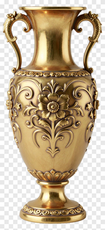 Decorative Golden Vase With Floral Design PNG
