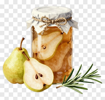 Jar Of Preserved Pears With Fresh Pears And Rosemary PNG