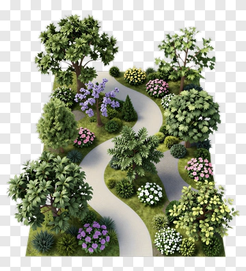 Lush Garden Pathway With Various Trees And Flowers PNG