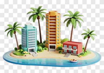 Colorful Beach Resort With Palm Trees PNG