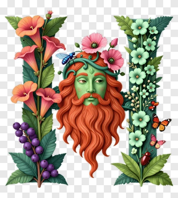 Green Man Surrounded By Colorful Flowers And Insects PNG